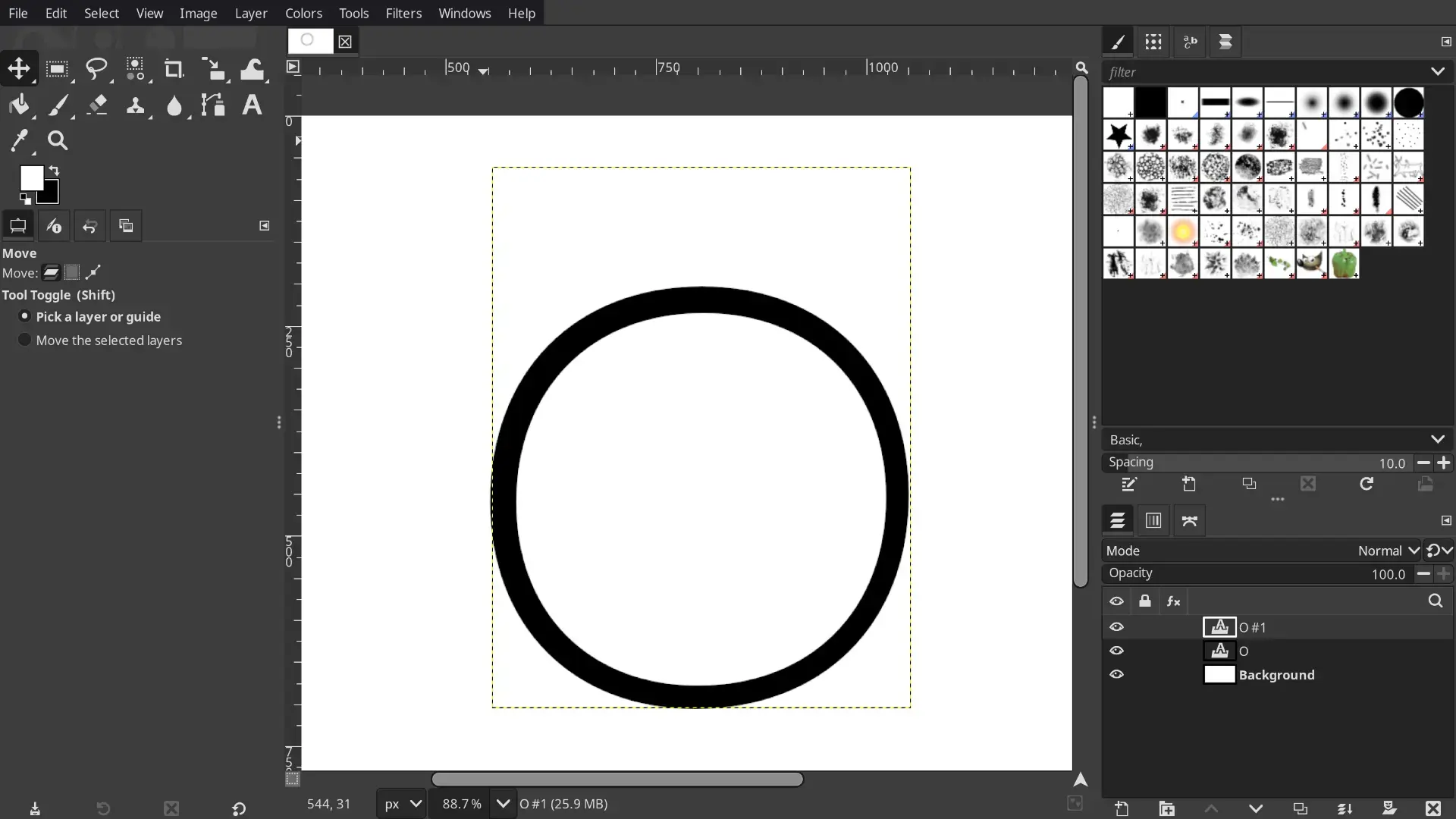 Circle in GIMP, made using two black and white overlapping english letter "O"